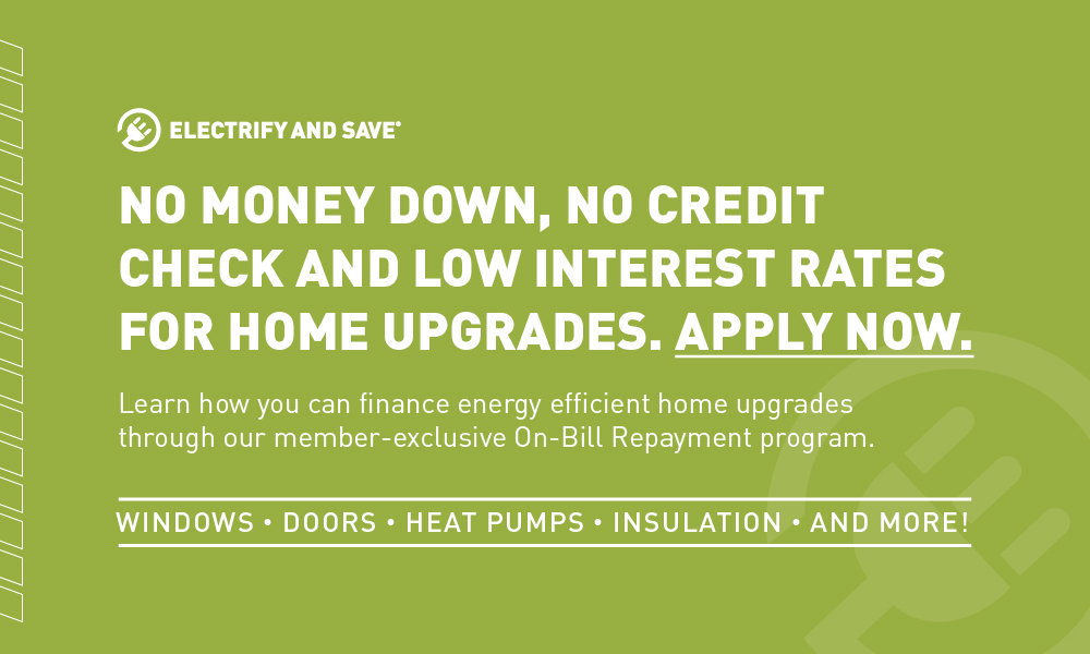 No money down, no credit check and low interest rates for home upgrades.  Learn how you can finance energy efficient home upgrades through our member-exclusive On-Bill Replayment Program for windows, doors, heat pumps, insulation and more.