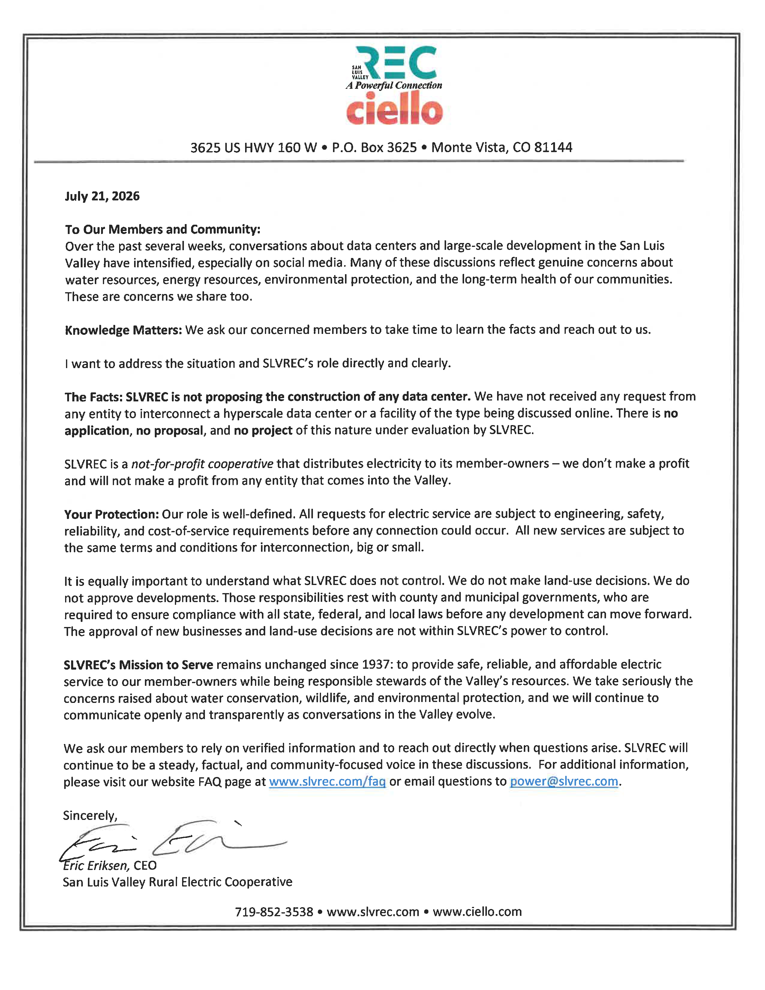 A Letter to Our Members: Data Center Discussions in the San Luis Valley