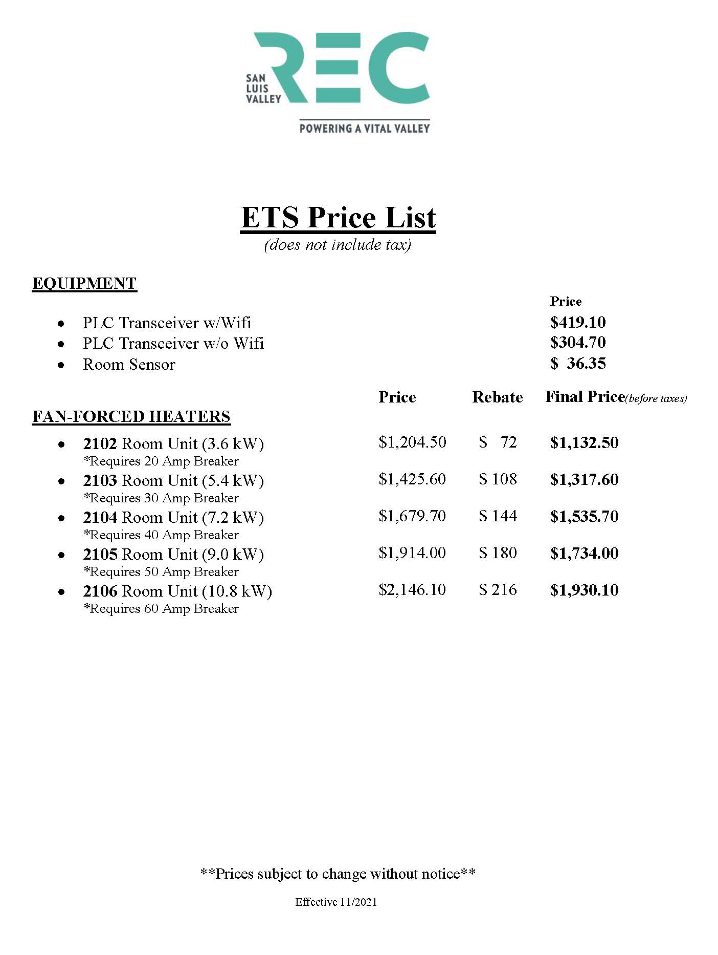 ETS price list