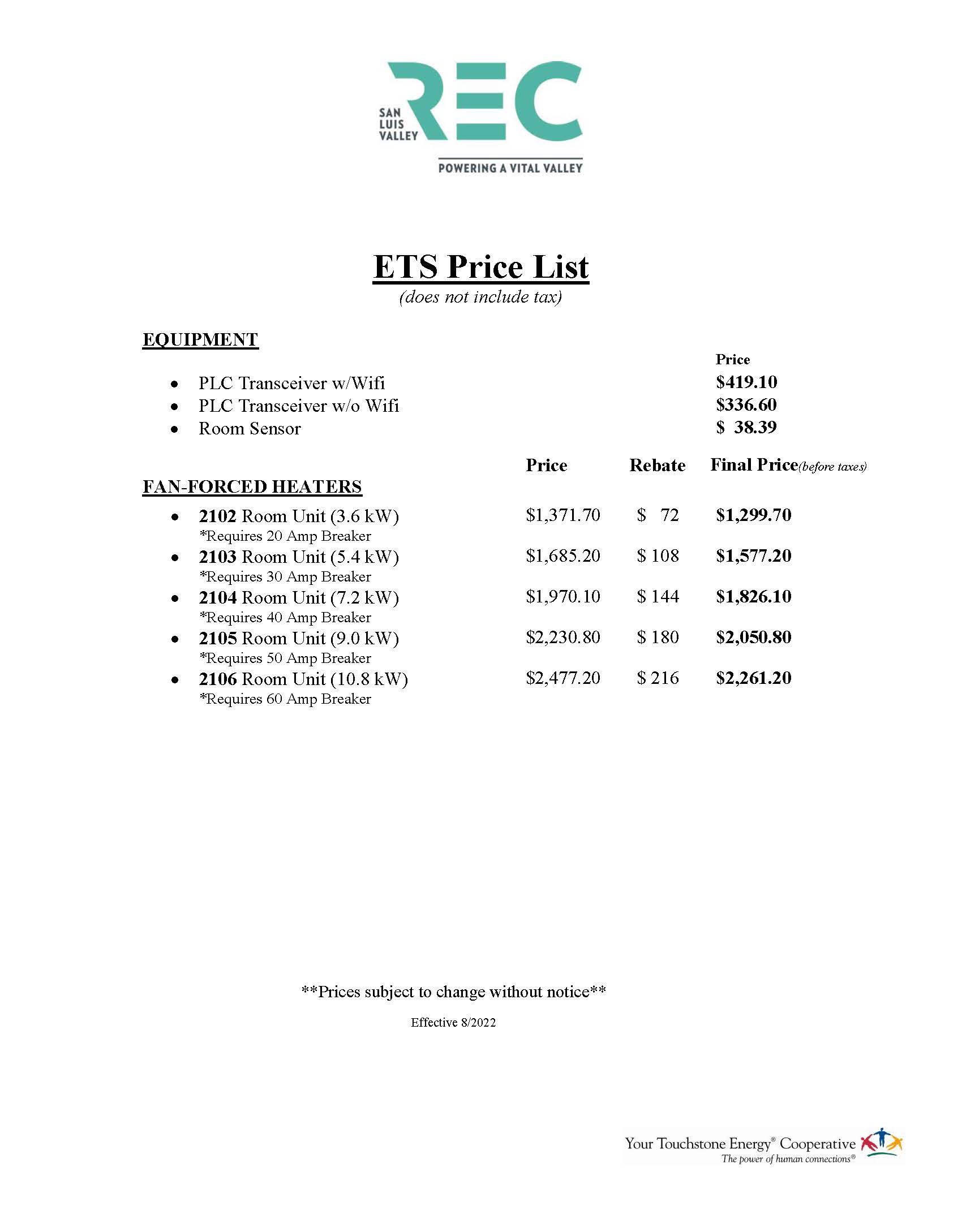 ETS price list