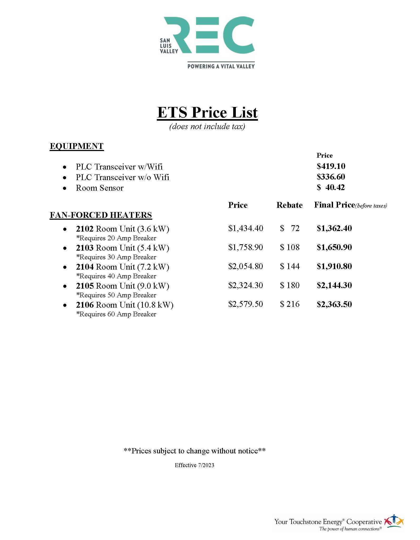 ETS price list