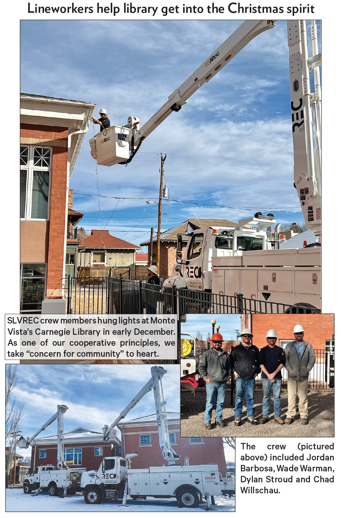 photo collage of lineworkers hanging lights